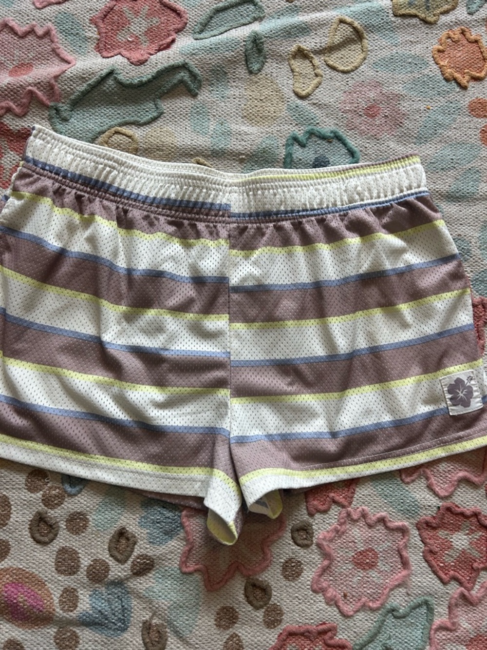 Striped Mesh Athletic Shorts in Taupe, White & Lime size L